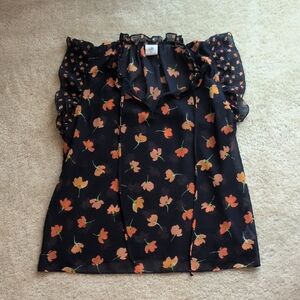 CAbi Navy and Orange Petal Print Blouse